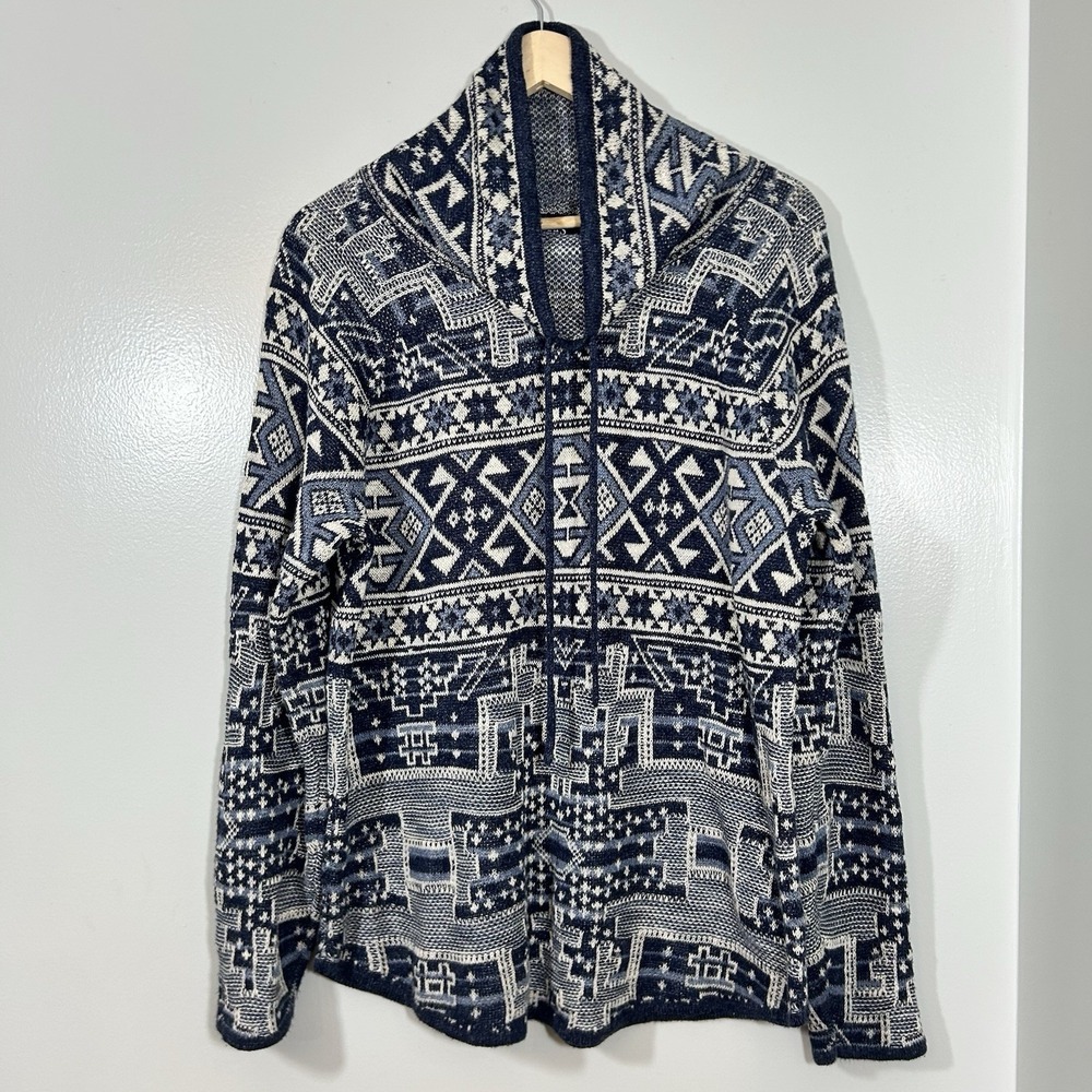 Chaps Denim Sweater Women's Large Blue Funnel Neck Southwestern Aztec Knit